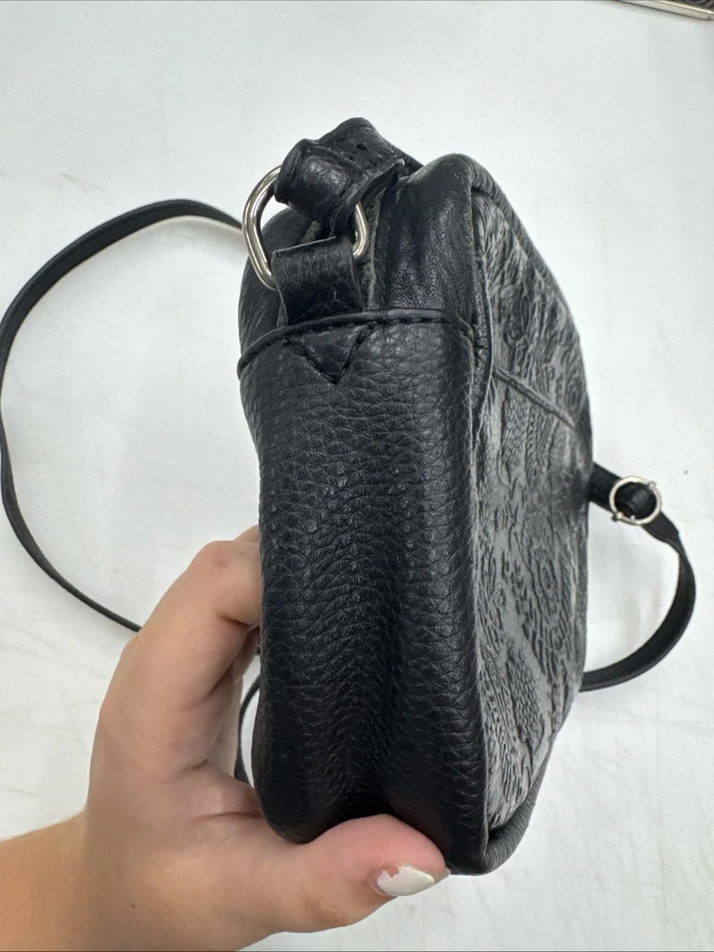The Sak De Young Leather Camera Bag Crossbody Black Floral Embossed